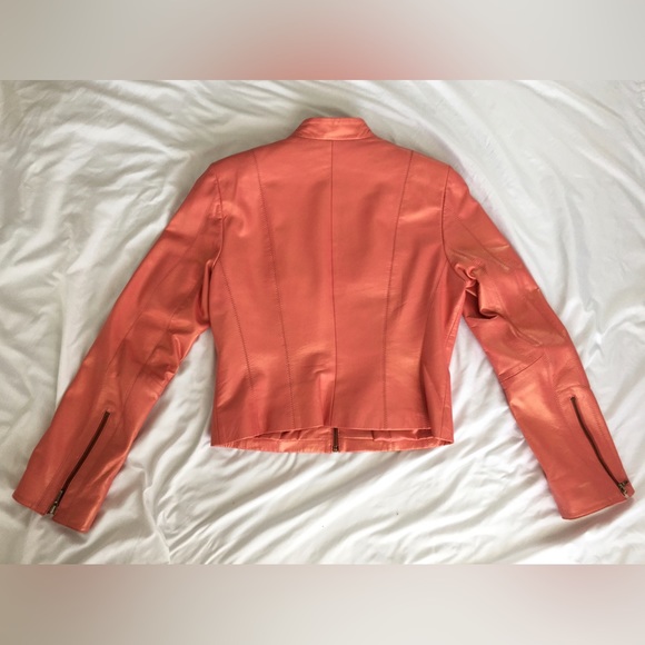EUC Cache gorgeous iridescent coral lightweight zip up lined leather jacket. - Picture 4 of 12